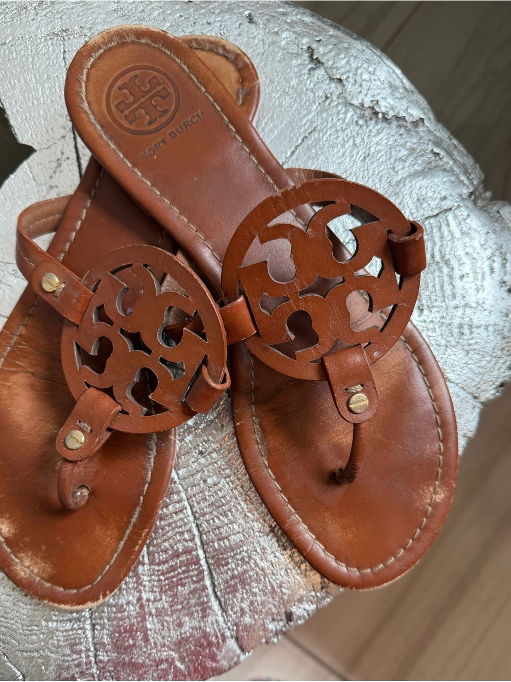 Tory Burch Women's Brown Miller Logo Leather Thong Sandals